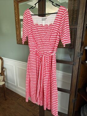 eshakti coral/red and White Midi Fit-and-Flare Dress with bunnies Size 8